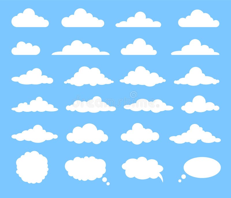 Set of cartoon clouds, isolated on blue background. Vector illustration.