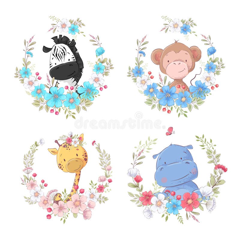 Set of cartoon cute animals zebra monkey giraffe and hippo in flower wreaths children`s clipart.