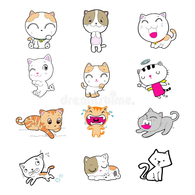 Set of cartoon cute cats. doodle cats with different emotions. Cat handmade. Isolated cat for design. vector illustration.