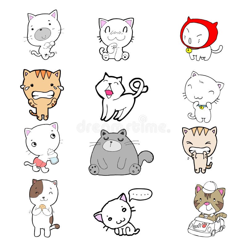 Set of cartoon cute cats. doodle cats with different emotions. Cat handmade. Isolated cat for design. vector illustration.