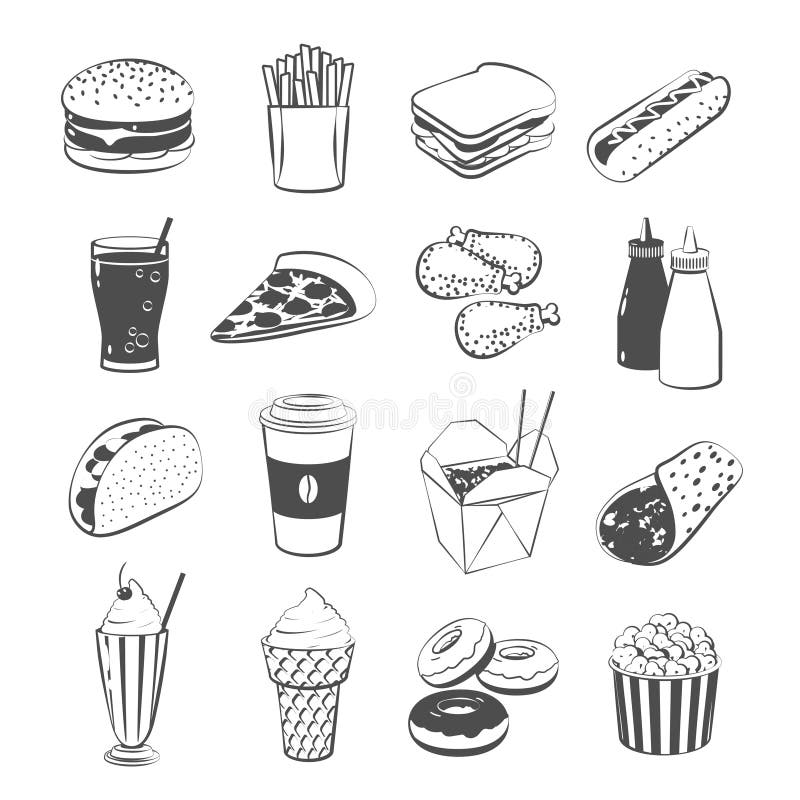 Set of cartoon fast food: hamburger, french fries, sandwich, hot dog, pizza, chicken, ketchup and mustard, taco, coffee.