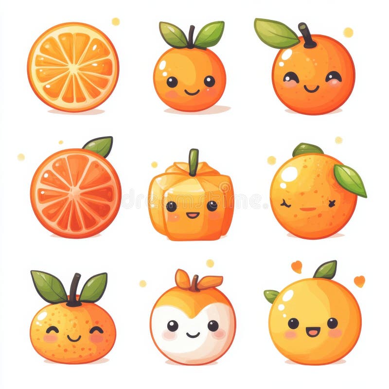 A set of cartoon fruit with smiling faces on them stock image