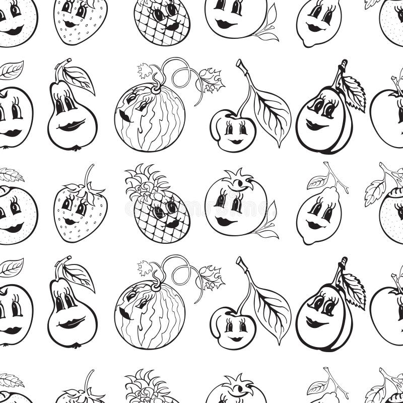 Set of Cartoon Funny Fruit Black and White Stock Vector - Illustration ...