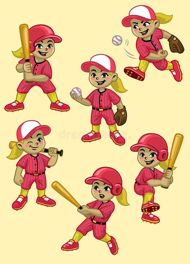 Set Cartoon of Girl Baseball Player Stock Vector Illustration of game