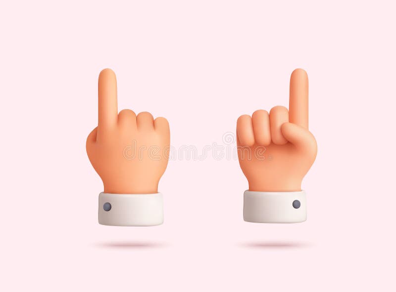 Set of cartoon hands pointing up, isolated collection of finger gestures for apps and web design. 3D Vector Web Illustration