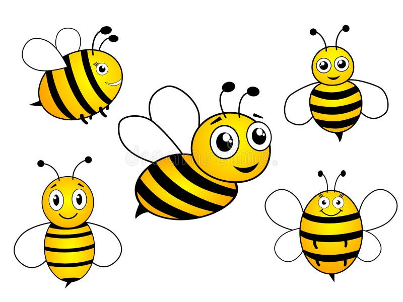 Set of cartoon happy bees. Various cute bee group. Animal character vector