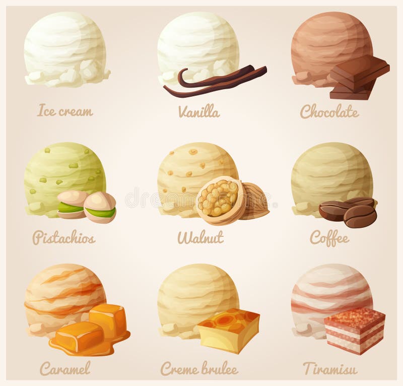 Set of cartoon icons. Ice cream scoops with different fruit flavors royalty free illustration Set of cartoon icons. Ice cream scoops with different fruit flavors royalty free illustration