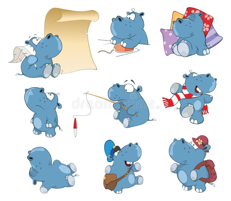 Set of Cartoon Illustration. Cute Hippo for you Design