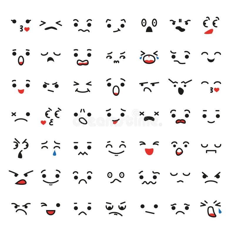 Set of cartoon kawaii faces, different emotions.