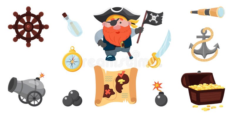 Set of Cartoon Pirate Items. Cute Bundle Pirate. Pirate Character,  Spyglass, Map, Saber, Treasure Chest, Anchor Stock Vector - Illustration of  chest, children: 231832007