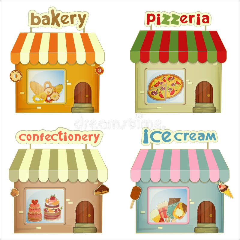 Set of Cartoon Shops. Bakery, Pizzeria, Confectionery, Ice Cream Shop Isolated on White Background. Illustration.
