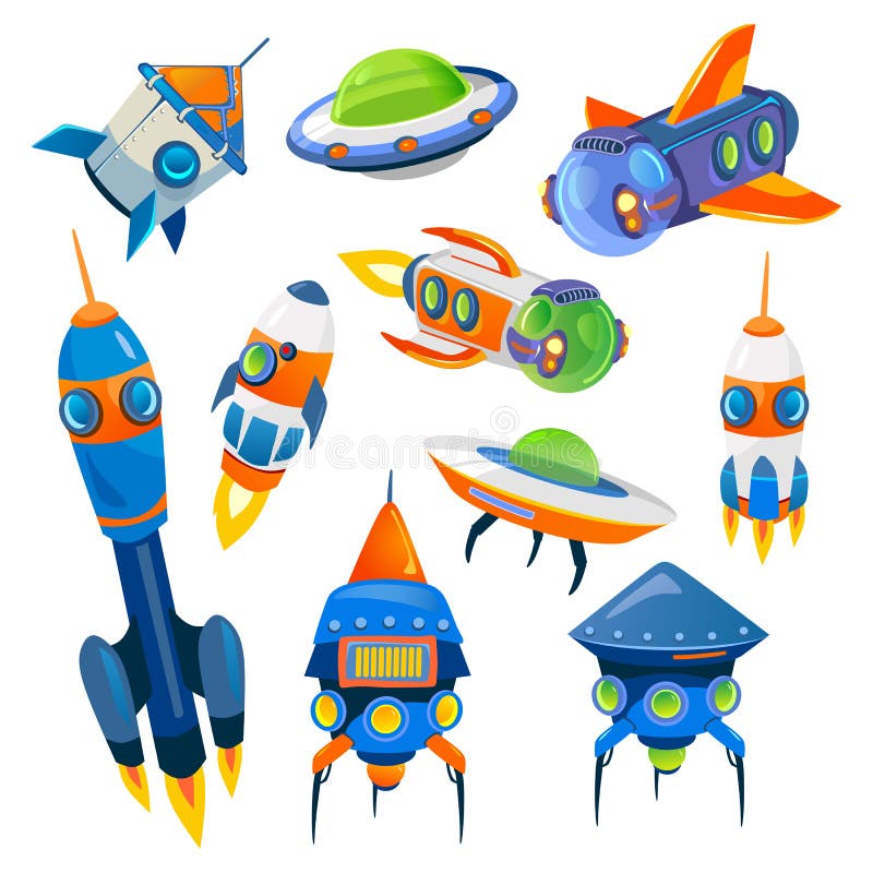 Set of Cartoon Spaceships Isolated on White Background. Vector I Stock
