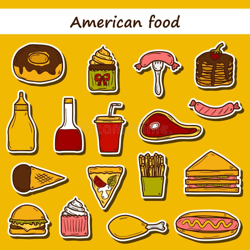 Set Of Cartoon Stickers On American Food Theme Stock Vector