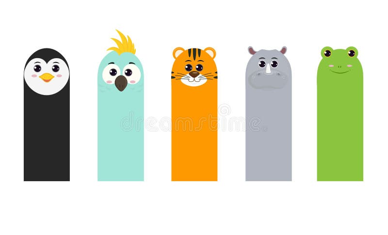 Set in Cartoon Style, Vertical Cards with Animals: Penguin Parrot Tiger ...