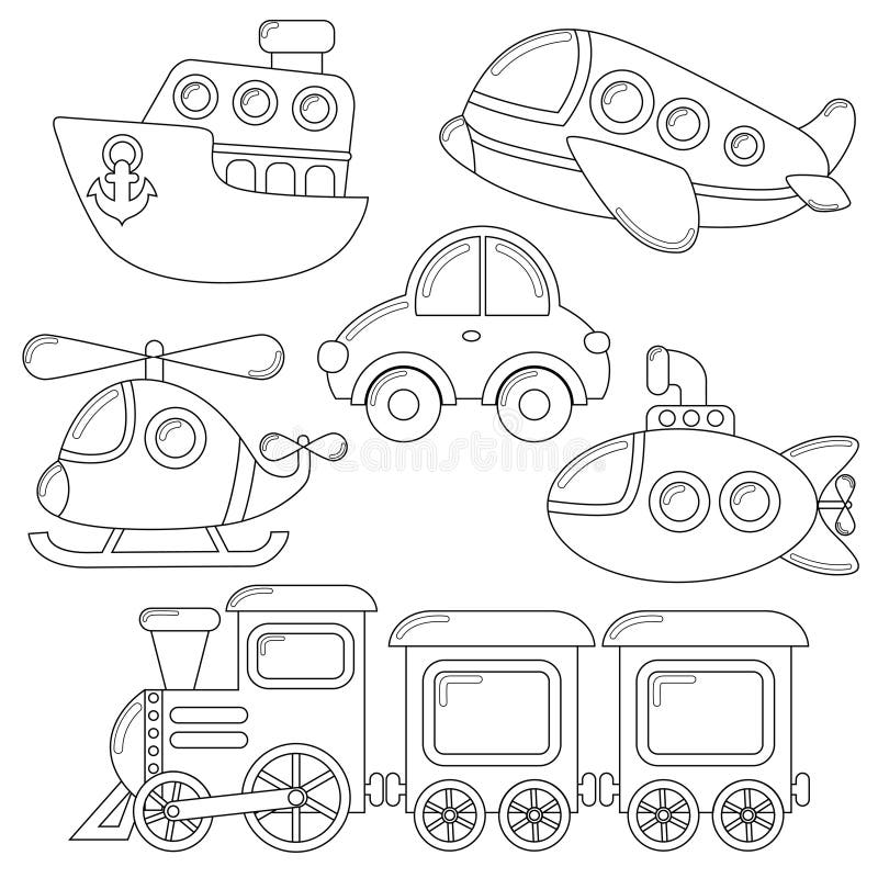 Set of cartoon transport icon. Car, submarine, ship, plane, train, helicopter vector illustration