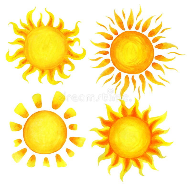 Set of cartoon watercolor sun. Children`s illustration of a hand-drawn sun. Isolated on a white background.