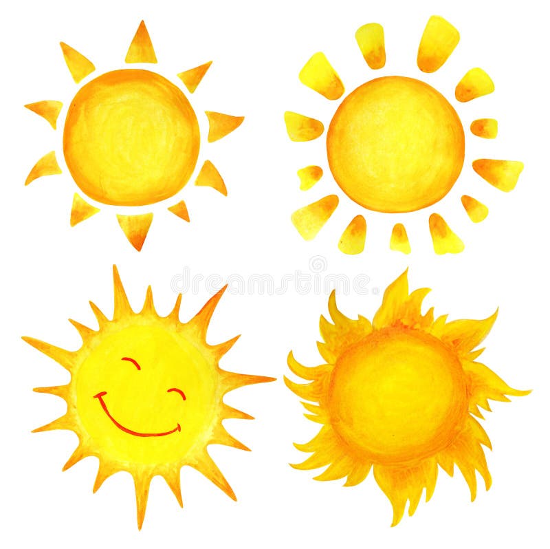 Set of cartoon watercolor sun. Children`s illustration of a hand-drawn sun. Isolated on a white background. Sunrise sunset