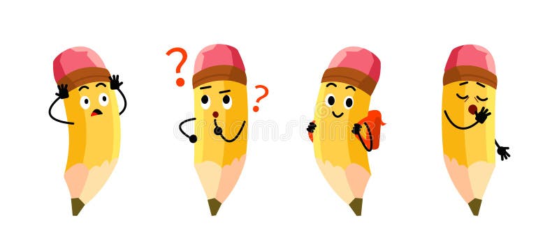Set of Cartoon Yellow Pencils School Characters with Emoji. Childish
