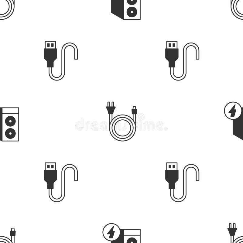 Set Case of computer, Electric plug and USB cable cord on seamless pattern. Vector stock illustration