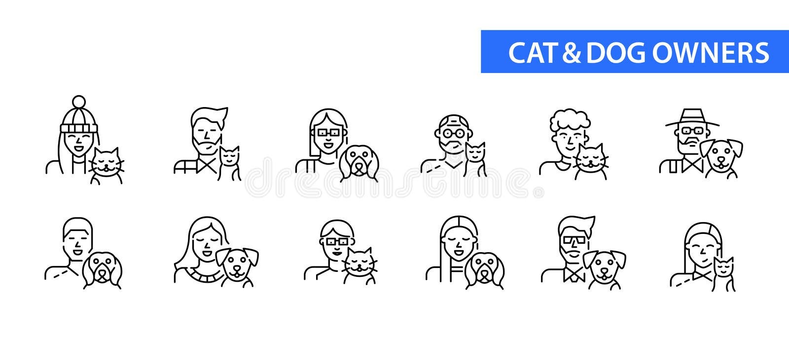Set of cat and dog owners of different ages icons. Pixel perfect, editable stroke line design vector illustration Set of cat and dog owners of different ages icons. Pixel perfect, editable stroke line design vector illustration
