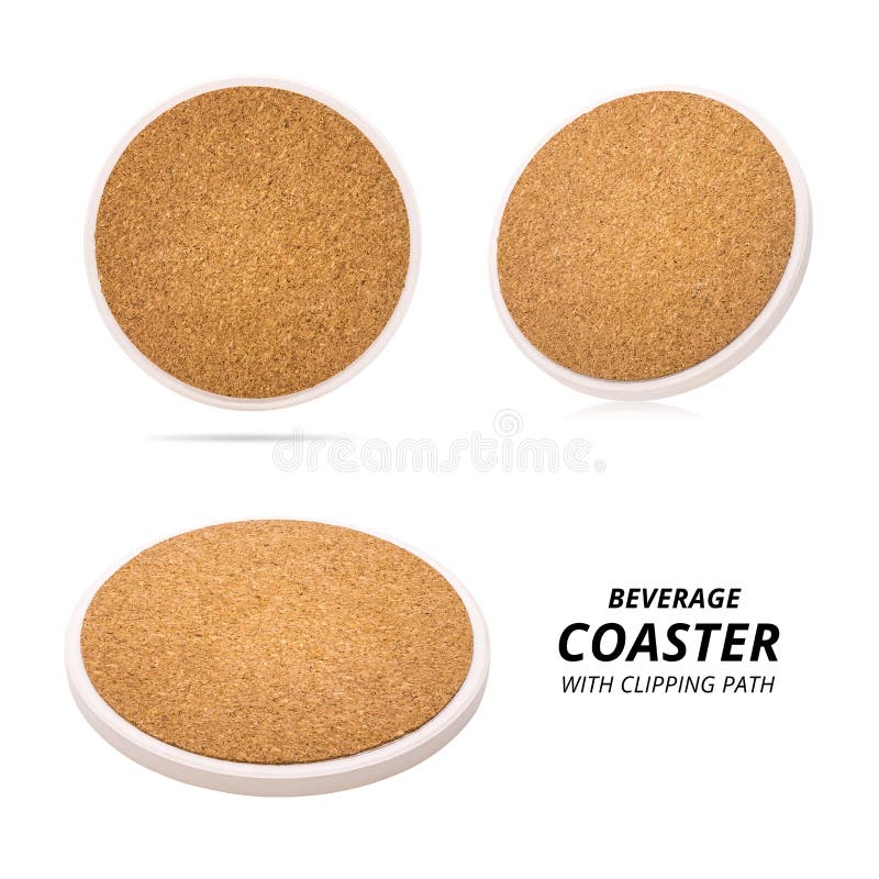 Set of ceramic beverage coaster isolated on white background. Wooden pad for put your mug.  Clipping path