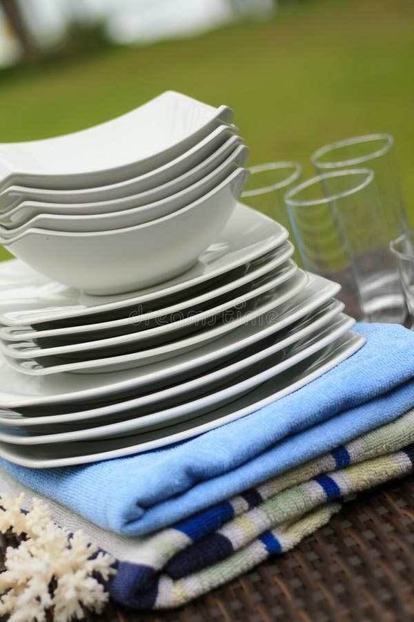 Set of Ceramic Plates and Glassware at Resort Stock Image Image of
