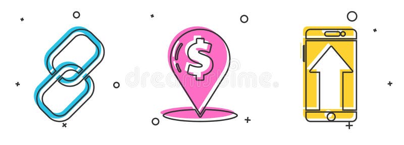 Set Chain link, Cash location pin and Smartphone, mobile phone icon. Vector stock illustration