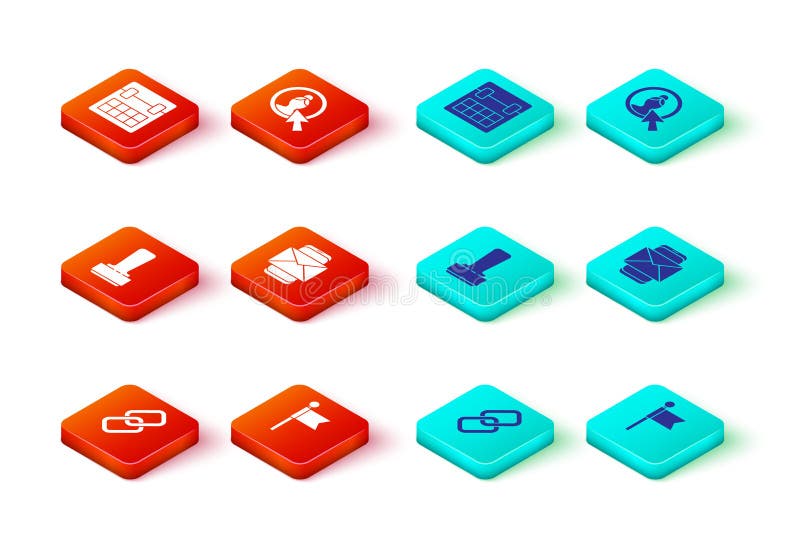 Set Chain link, Location marker, Stamp, Mobile and envelope, Create account screen and Calendar icon. Vector royalty free illustration