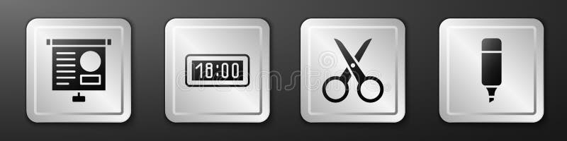 Set Chalkboard with diagram, Digital alarm clock, Scissors and Marker pen icon. Silver square button. Vector stock illustration
