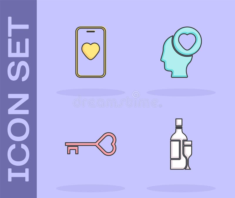 Set Champagne Bottle Online Dating App And Chat Key Heart Shape And Head With Icon Vector Stock Vector Illustration Of Valentine Party