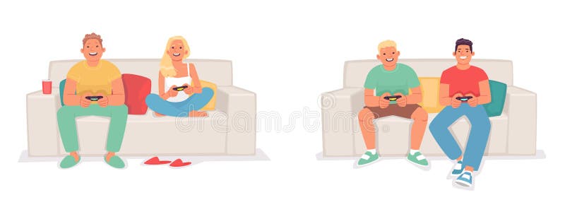 Set of characters playing video games on the console. Friends and a couple of young people are sitting on the couch holding joysticks in their hands. Vector illustration in flat style