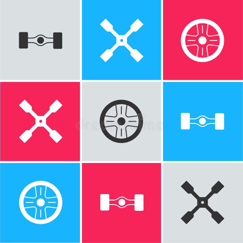 Set Chassis Car, Wheel Wrench and Alloy Wheel Icon. Vector Stock