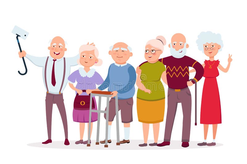 Set of cheerful senior people hipsters gathering and having fun, old men and women make selfie vector cartoon characters