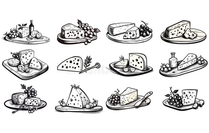 Set of Cheeses. Cheese Plate. Vector Silhouette Stock Vector