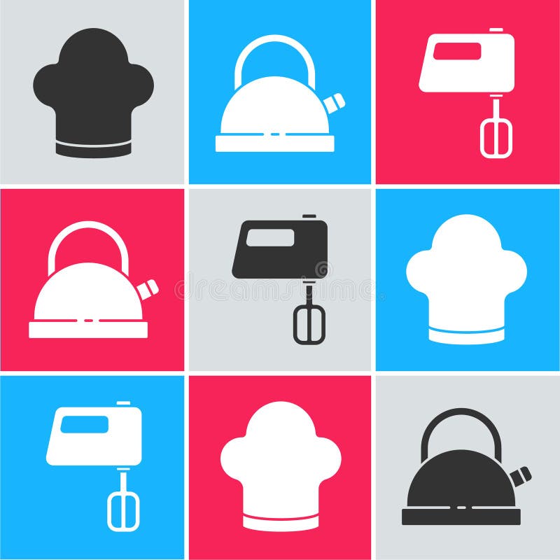 Set Chef hat, Kettle with handle and Electric mixer icon. Vector stock illustration