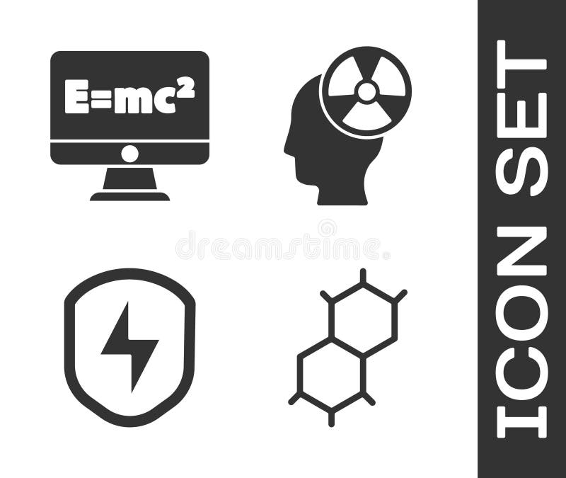Set Chemical formula, Equation solution, Secure shield with lightning and Head and radiation symbol icon. Vector stock illustration