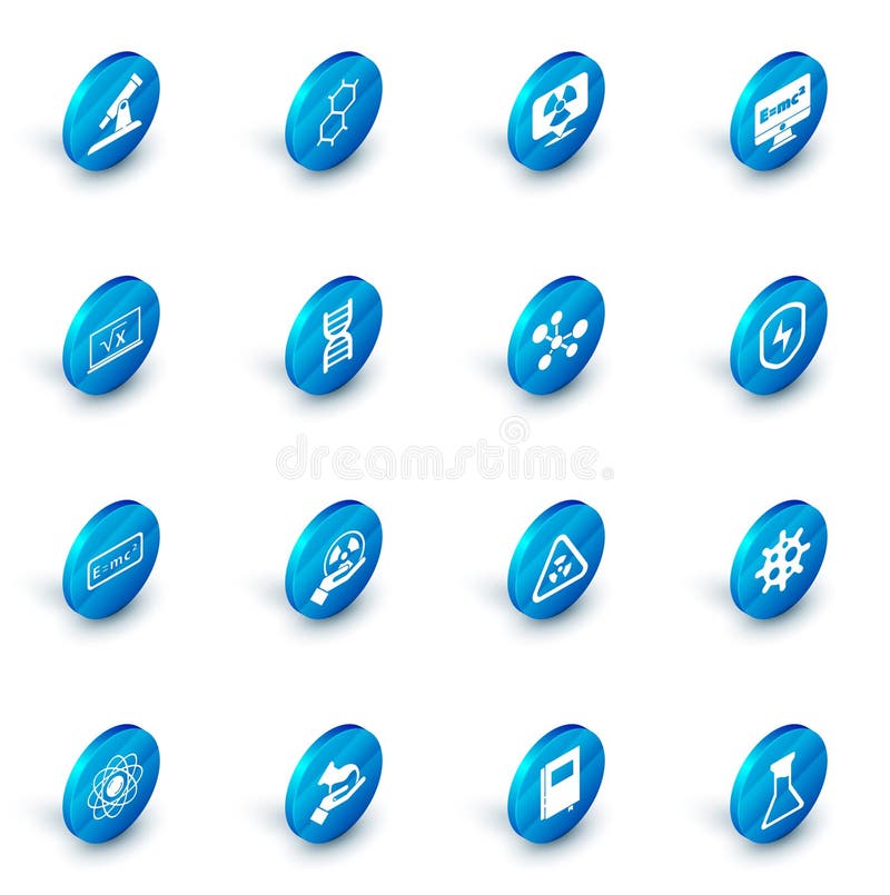 Set Chemical formula, Radioactive in location, Equation solution, Square root of x glyph, DNA symbol, Secure shield with vector illustration