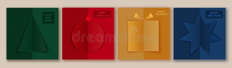 Set of chic elegant cards, flyers, posters for New Year, Christmas greetings. Modern minimal paper art flat style vector illustration