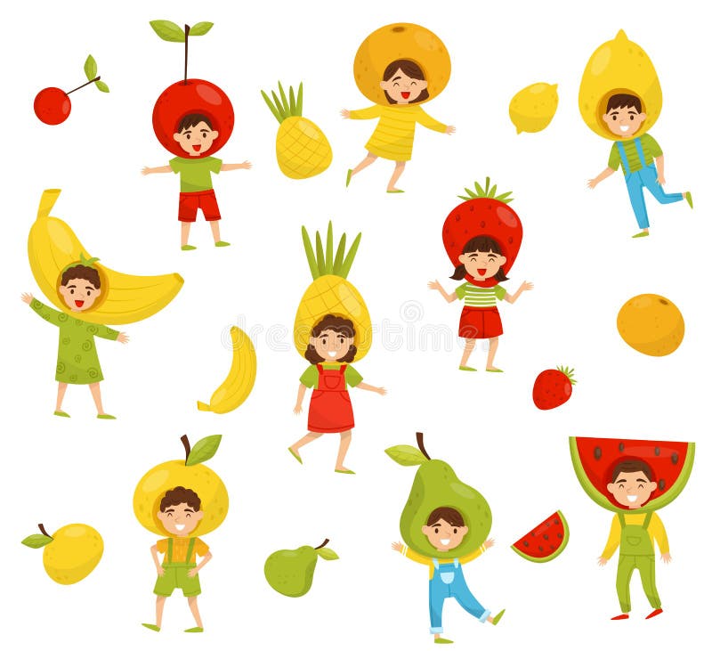 Flat vector set of children in different fruit hats. Cartoon kids characters in colorful costumes. Kindergarten theme stock illustration Flat vector set of children in different fruit hats. Cartoon kids characters in colorful costumes. Kindergarten theme stock illustration