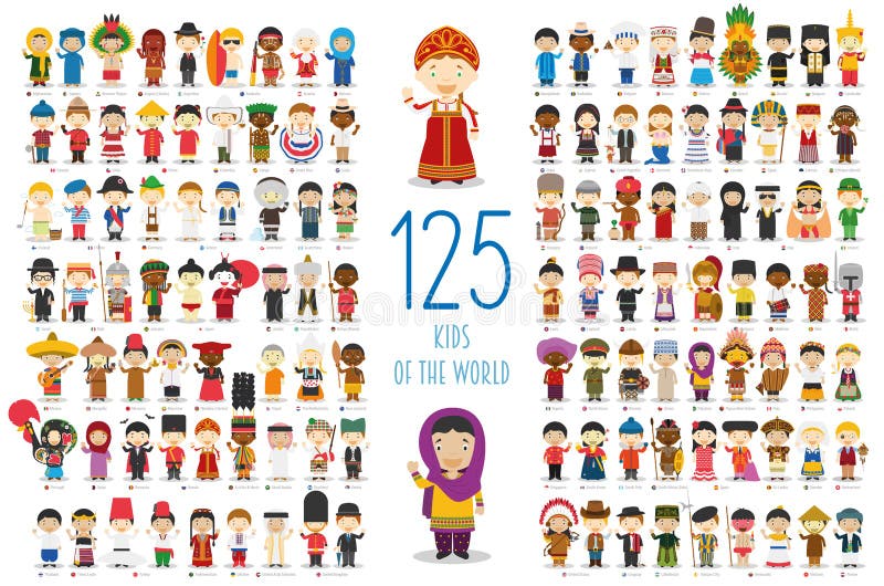 Set of 125 children of different nationalities in cartoon style.