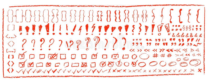 Set of children hand drawn crayon text symbols. Collection of red color pastel symbol brackets, question, circles vector illustration