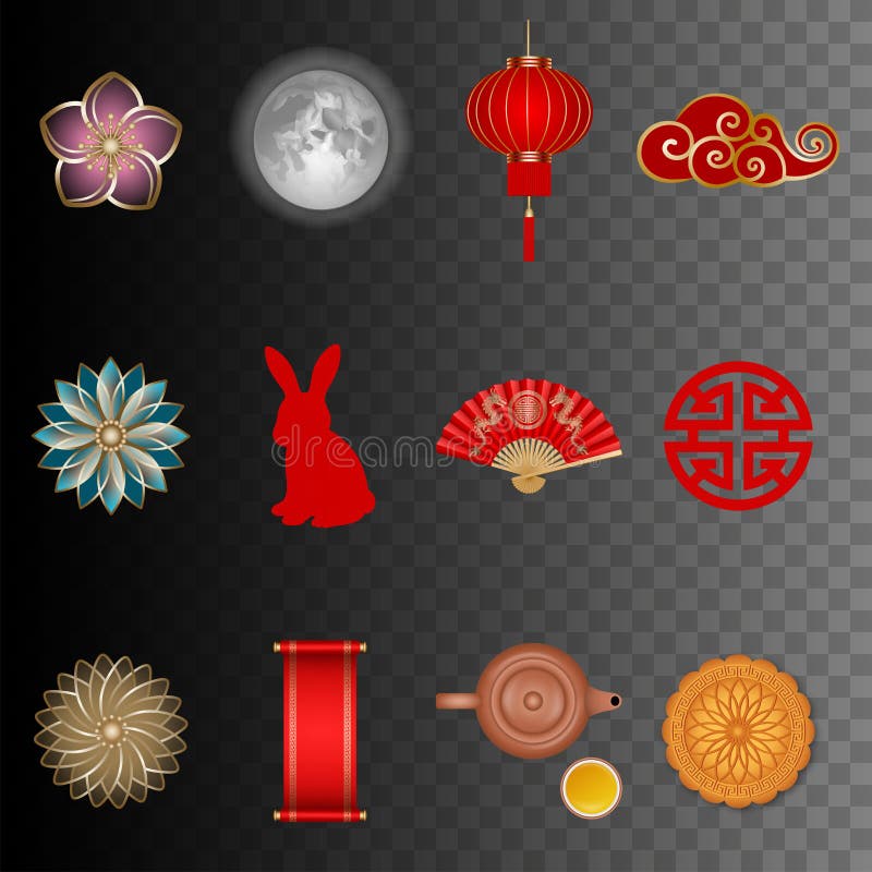 Set of mid autumn festival illustrations. Isolated chinese tradition elements vector