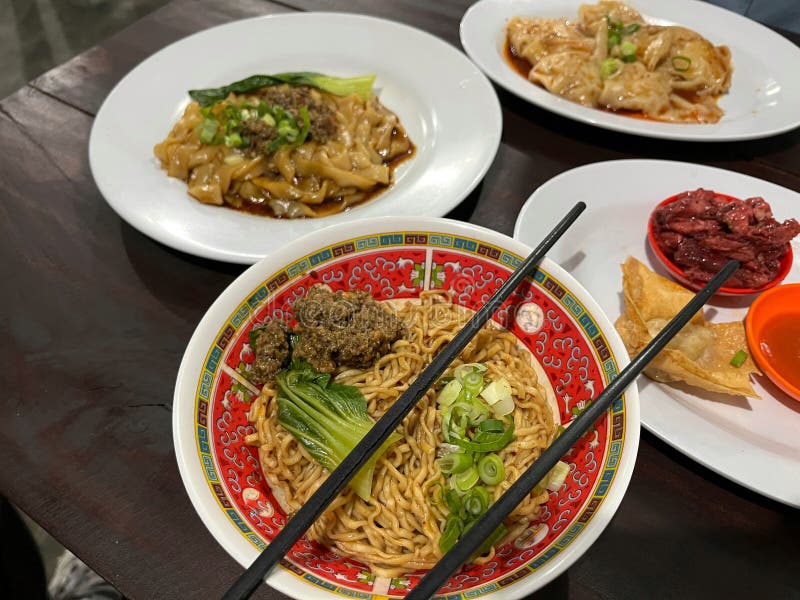 Chinese Meal Consists of Noodle, Rice Noodle and Chicken Dumpling Stock