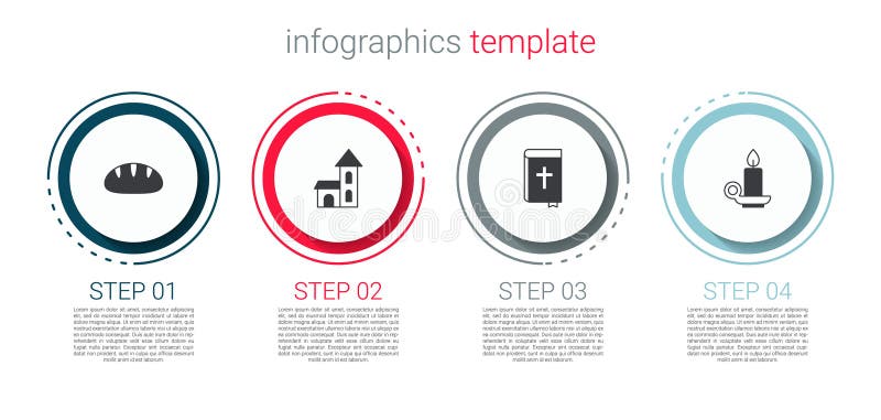 Set Christian bread Church building Holy bible book and Burning candle candlestick. Business infographic template. Vector. Set Christian bread Church building Holy bible book and Burning candle candlestick. Business infographic template. Vector.