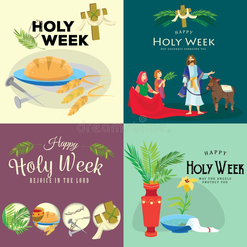 Set for Christianity holy week before easter, Lent and Palm or Passion Sunday, Good Friday crucifixion of Jesus and his. Death, Stations of Cross, God Passion royalty free illustration