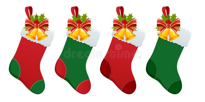 Set of Christmas boots stocking with gifts. Christmas stockings with gifts isolated on white background.