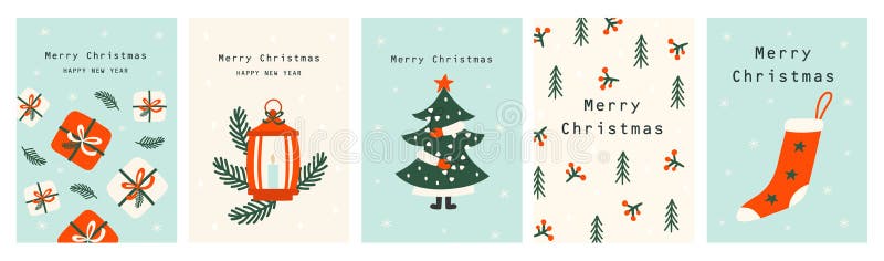 Set Christmas cards with Christmas tree, Christmas elements. Happy holidays. Vecto royalty free illustration