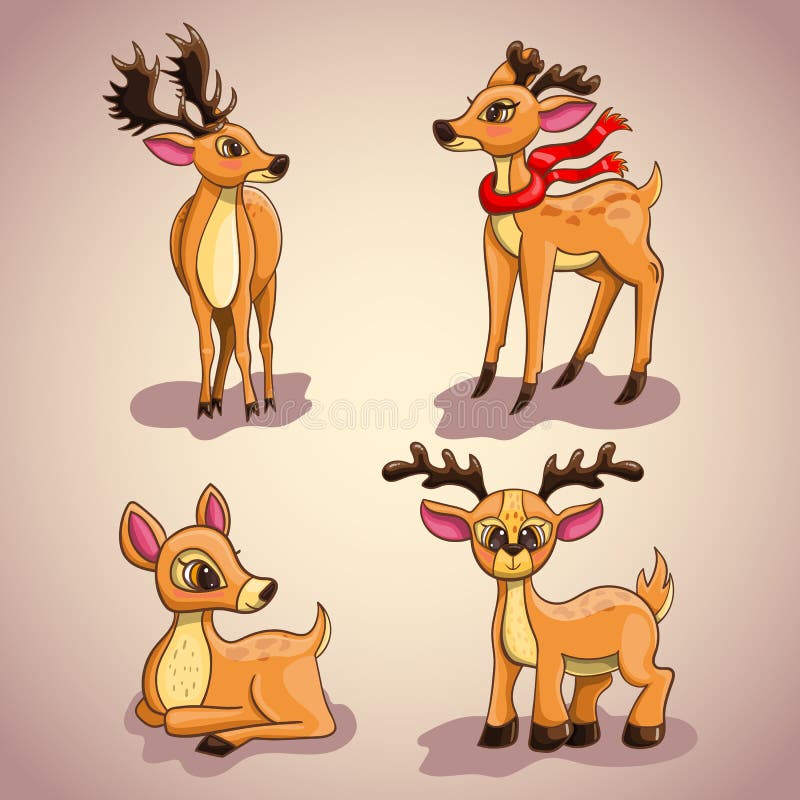 Set with Christmas cartoon deers vector illustration
