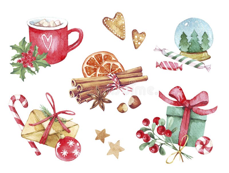 Set of Christmas decorations of gift with candy, red cup with branch, cinnamon, gingerbread and various elements of the new year and Christmas. Isolated watercolor illustrations on white background.