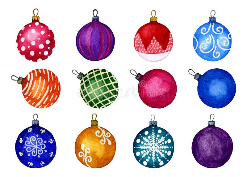 Set of Christmas decorative balls. Separate 12 elements on a white background. Watercolour hand illustration. Perfect for decorati stock illustration Set of Christmas decorative balls. Separate 12 elements on a white background. Watercolour hand illustration. Perfect for decorati stock illustration